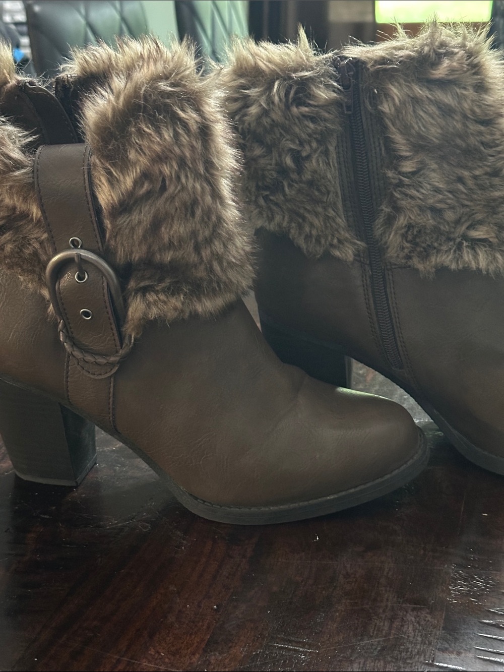 Sugar Brown Faux Fur Cuff Ankle Boots with Buckle